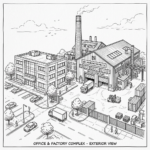 Office building labeled Tech Global Office and a manufacturing plant labeled ABC Manufacturing Co. with trucks and workers