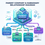 Diagram illustrating parent company with subsidiaries showing ownership percentages, strategic direction, shared resources, financial control, and reporting relationships.