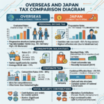 Infographic comparing personal income tax, consumption tax, corporate tax, and social security contributions between overseas (OECD) averages and Japan's current tax system.