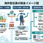 Diagram showing overseas and Japan tax rules for expatriate employees, including double taxation elimination and filing requirements