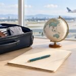 出国準備のスーツケース、地球儀と国内の手続を整理する書類